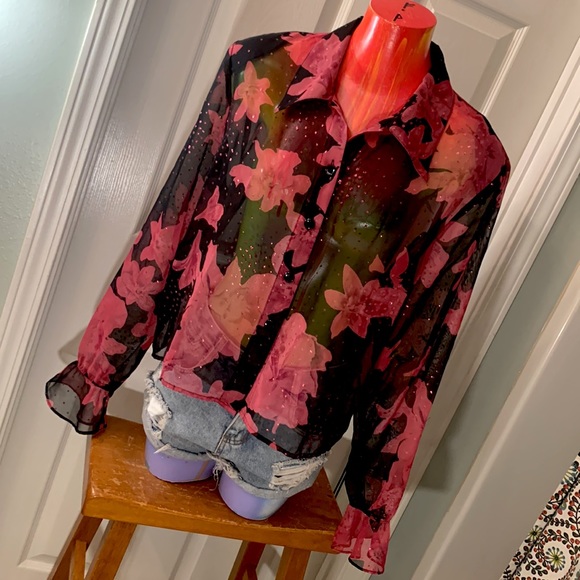 Vintage Black and Pink Floral Connie Choi Sheer Blouse - Picture 2 of 16